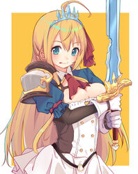  ahoge armor ascot blue_eyes breasts cleavage closed_mouth commentary female gloves hair_between_eyes hair_ribbon highres holding holding_sword holding_weapon itachi_kanade long_hair medium_breasts orange_hair pauldrons pecorine_(princess_connect!) princess_connect! puffy_short_sleeves puffy_sleeves red_ascot red_ribbon ribbon short_sleeves shoulder_armor shrug_(clothing) single_pauldron solo sword tiara tongue tongue_out two-handed two-tone_background very_long_hair weapon white_background white_gloves yellow_background 