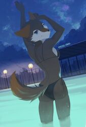  2020 anthro ass bathing bikini butt_pose canid canine canis clothing exposure_variation fan_character female hi_res legend_of_ahya legs_in_water mammal murana_wolford_(darkflame-wolf) night partially_submerged pose solo submerged_legs swimming_pool swimwear vystis water wolf 