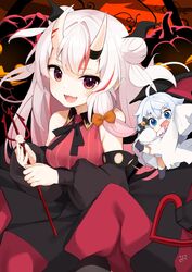  2girls :d ahoge bare_shoulders bell blue_eyes blue_hair bow detached_sleeves double_bun hair_bell hair_bun hair_ornament hairbow halloween halterneck head_wings highres hololive horns indie_virtual_youtuber jack-o&#039;-lantern kagura_nana long_hair long_sleeves looking_at_viewer mini_person minigirl multicolored_hair multiple_girls nakiri_ayame neck_ribbon nejime oerba_yun_fang panties pantyshot pointy_ears polearm pumpkin red_eyes red_hair ribbon signature skin-covered_horns skin_fang sleeves_past_fingers sleeves_past_wrists smile streaked_hair trident underwear upper_body virtual_youtuber weapon white_hair white_panties wings 