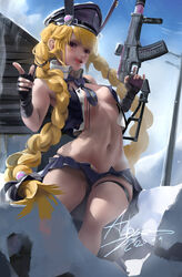  :p absurdres abys blonde_hair braid breasts female finger_gun girls&#039;_frontline gun highres long_hair looking_at_viewer medium_breasts navel parted_lips purple_eyes skindentation solo sr-3mp sr-3mp_(girls&#039;_frontline) teeth thick_thighs thigh_strap thighs tongue tongue_out twintails unbuttoned very_long_hair weapon 