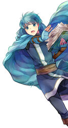  1boy absurdres asbel_(fire_emblem) black_pants blue_cape blue_gloves blue_tunic book brown_sash cape commentary_request feet_out_of_frame fingerless_gloves fire_emblem fire_emblem:_thracia_776 gloves highres holding holding_book male_focus open_mouth pants sash simple_background solo tarayuki tunic white_background 