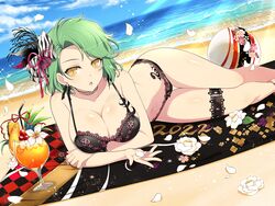  2022 animal_print ball beach beach_towel beachball bendy_straw bikini black_bikini blue_sky bow breast_tattoo breasts cherry choker cleavage cloud cup day drink drinking_glass drinking_straw falling_petals female floral_print flower food fruit green_hair hair_ornament hair_ribbon highres hikage_(senran_kagura) holding lace lace-trimmed_bikini lace_trim large_breasts looking_at_viewer lying navel ocean official_alternate_hairstyle official_art on_side open_mouth orange_(fruit) orange_slice outdoors petals pineapple pineapple_slice pink_ribbon red_ribbon ribbon sand senran_kagura senran_kagura_new_link short_hair sky slit_pupils snake_tattoo solo swimsuit tattoo thigh_strap towel tropical_drink water white_flower yaegashi_nan yellow_eyes zebra_print 