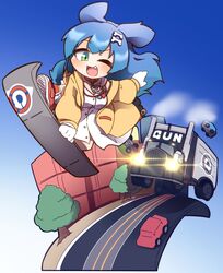  ;d akainu_pony alternate_eye_color alternate_hair_color animal_ears blue_hair bone_hair_ornament breasts building car commentary_request dog_ears dress female fleeing gloves green_eyes hair_ornament highres hololive inugami_korone inugami_korone_(1st_costume) jacket long_hair motor_vehicle oerba_yun_fang one_eye_closed shoes smile sneakers sonic_(series) sonic_adventure_2 sonic_the_hedgehog tree truck virtual_youtuber white_dress white_gloves yellow_jacket 