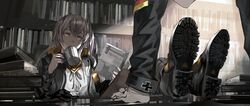  2girls armband black_footwear black_jacket black_shirt book book_stack bookshelf boots brown_hair commentary cross cup drinking feet_on_table fujita_(condor) girls&#039;_frontline gloves highres hk416_(girls&#039;_frontline) holding holding_book iron_cross jacket library light light_particles looking_to_the_side mug multiple_girls neck_ribbon one_side_up pantyhose reading ribbon scar scar_across_eye scar_on_face shirt shoe_soles sleeve_cuffs ump45_(girls&#039;_frontline) white_gloves white_shirt yellow_armband yellow_eyes 