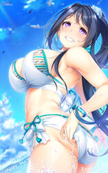  adjusting_clothes adjusting_swimsuit ass bangle bare_shoulders bikini bird blue_hair blue_scrunchie blue_sky blush bracelet breasts character_name cloud day earrings english_text female green_bikini hair_ornament hair_scrunchie halterneck happy_birthday high_ponytail highres hozumi_kaoru in_water jewelry large_breasts layered_bikini long_hair looking_at_viewer looking_back love_live! love_live!_sunshine!! matsuura_kanan ocean pearl_bracelet ponytail purple_eyes scrunchie seagull side-tie_bikini_bottom sidelocks sky smile solo stomach sunlight swimsuit thighs water water_drop white_bikini 