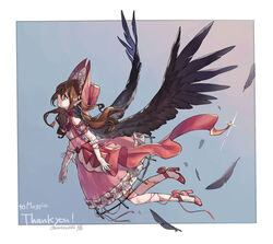  bird_wings bonnet border brown_hair closed_mouth commentary commission dress english_commentary female flying from_side gloves green_eyes high_heels highres indie_virtual_youtuber long_hair magpie_(vtuber) mullmull02 pink_dress pink_footwear second-party_source shoes skeb_commission socks solo twitter_username virtual_youtuber white_border white_gloves white_socks wings 