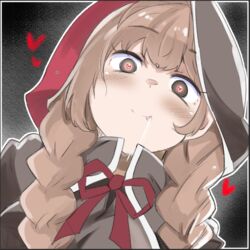  :p bad_id bad_twitter_id black_border black_capelet border braid brown_eyes brown_hair capelet female heart heart-shaped_pupils hood hood_up hooded_capelet kantai_collection kodachi_(kuroyuri_shoukougun) long_hair looking_at_viewer saliva shinshuu_maru_(kancolle) simple_background smile solo symbol-shaped_pupils tongue tongue_out twin_braids upper_body 