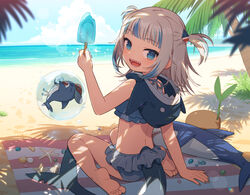  animal_hood barefoot beach beach_towel bikini bloop_(gawr_gura) blue_bikini blue_eyes blue_hair blue_nails blue_sky blunt_bangs cloud female fins fish_tail food frilled_bikini frills gawr_gura grey_hair hair_ornament highres hololive hololive_english hood ice ice_cream looking_at_viewer looking_back medium_hair multicolored_hair nail_polish open_mouth outdoors popsicle shark_girl shark_hair_ornament shark_hood shark_tail sharp_teeth sky smile soles streaked_hair swimsuit tail teeth toes towel two_side_up uchako virtual_youtuber water 