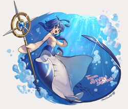  :d antenna_hair blue_eyes blue_hair blue_theme blush commission completely_nude female fewer_digits flat_chest gills hand_up holding holding_staff iruka_(tama) looking_at_viewer manta_ray manta_ray_girl mermaid monster_girl mullmull02 no_nipples nude open_mouth original skeb_commission smile solo staff taur underwater 