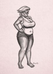  absurd_res anthro belly big_breasts bottomwear breasts clothing female fish gatogenerico graphite_(artwork) greyscale hi_res lily_sardine marine monochrome pencil_(artwork) promedio shirt shorts slightly_chubby solo tank_top thick_thighs topwear traditional_media_(artwork) 