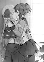  2girls bow breasts greyscale hairbow highres karasama_kuroe kissing kuozaki_saika medium_breasts monochrome multiple_girls non-web_source novel_illustration official_art ou-sama_no_propose pantyhose ponytail tsunako yuri 