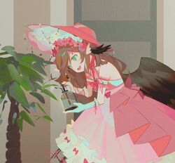  :d animal_ears bare_shoulders bird_ears bird_wings bonnet brown_hair commentary commission dress english_commentary female flower from_side green_eyes hair_flower hair_ornament head_tilt indie_virtual_youtuber kiiko_2233 magpie_(vtuber) open_mouth pink_dress pink_flower pink_rose plant potted_plant rose skeb_commission smile solo virtual_youtuber watering watering_can wings 