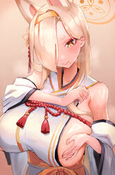  alternate_breast_size animal_ears blonde_hair blue_archive blush breasts extra_ears female hair_over_one_eye hairband halo hei_(heiyohei) highres huge_breasts japanese_clothes kaho_(blue_archive) long_hair mole mole_under_mouth obi orange_eyes orange_hairband red_eyes sash sideboob sideless_kimono solo steaming_body sweat wide_sleeves 