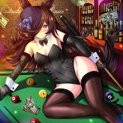  absurdres akikawa_yayoi_(umamusume) alternate_costume animal_ears ball banknote bar_(place) billiard_ball black_hair black_thighhighs blush breasts cleavage collarbone detached_sleeves female hair_over_one_eye hat high_heels highres horse_ears horse_girl horse_tail looking_at_viewer money nontraditional_playboy_bunny pool_table purple_eyes rice_shower_(umamusume) sakura_alice small_breasts solo table tail thighhighs umamusume 