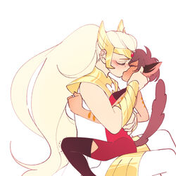  2girls adora_(she-ra) animal_ears arms_around_waist blonde_hair blush bracer cat_ears cat_girl cat_tail catra closed_eyes commentary_request couple highres kissing korean_commentary long_hair masters_of_the_universe multiple_girls ponytail she-ra she-ra_and_the_princesses_of_power short_hair simple_background sitting sitting_on_lap sitting_on_person size_difference sleeveless spoilers su_ggushi surprise_kiss surprised tail tall_female tiara very_long_hair white_background winged_hair_ornament yuri 