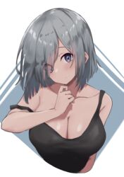  absurdres alternate_costume bare_shoulders black_tank_top blue_eyes breasts closed_mouth collarbone commentary commentary_request female grey_hair hair_over_one_eye hamakaze_(kancolle) highres kantai_collection lanthan large_breasts looking_at_viewer parted_bangs short_hair simple_background solo strap_slip tank_top upper_body white_background 