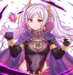  alternate_eye_color aura bodystocking breasts cleavage covered_collarbone covered_navel dark_aura dark_persona earrings female fire_emblem fire_emblem_awakening fire_emblem_heroes floating floating_object grima_(fire_emblem) highres jewelry kutabireta_neko long_hair looking_at_viewer medium_breasts official_alternate_costume parted_bangs red_eyes robin_(female)_(fell_tactician)_(fire_emblem) robin_(female)_(fire_emblem) robin_(fire_emblem) see-through see-through_cleavage smile solo twintails upper_body white_hair 