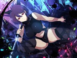  black_bow black_footwear black_thighhighs bow breasts female folded_ponytail garter_straps highres holding holding_sword holding_weapon ink inkblot katana kunai large_breasts looking_at_viewer navel ninja official_art purple_hair red_eyes rin_(senran_kagura) senran_kagura senran_kagura_new_link shuriken skin_tight solo sword teacher thighhighs v-shaped_eyebrows weapon yaegashi_nan 