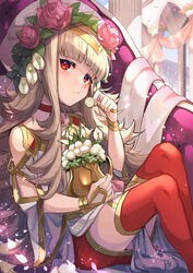  alternate_costume bare_shoulders blush choker closed_mouth column commentary_request dress expressionless female fire_emblem fire_emblem_heroes flower flower_pot gold_trim grey_hair hair_flower hair_ornament hat head_tilt highres holding holding_flower hug hugging_object jewelry leaf_hair_ornament long_hair looking_at_viewer nakabayashi_zun official_alternate_costume petals pillar pink_flower pink_rose red_choker red_eyes red_thighhighs rose shadow sitting solo thighhighs vase veronica_(fire_emblem) veronica_(valentine)_(fire_emblem) very_long_hair white_dress white_flower white_hat wide_sleeves 