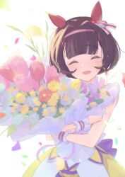  ^_^ absurdres animal_ears blush bouquet brown_hair closed_eyes dress facing_viewer female hair_intakes hair_ornament hairband highres holding holding_bouquet horse_ears nishino_flower_(umamusume) open_mouth petals short_hair sleeveless sleeveless_dress smile solo sweat umamusume upper_body wrist_cuffs x_hair_ornament yakousei_a 