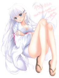  absurdres amatsuji bare_legs blue_eyes blush breasts cleavage collarbone commentary_request commission convenient_leg crossed_arms eyelashes eyes_visible_through_hair feet female full_body hair_between_eyes hair_ornament hair_spread_out hairclip head_tilt highres japanese_clothes kimono knees_together_feet_apart knees_up large_breasts legs long_hair long_legs long_sleeves looking_at_viewer naruse_shiroha open_mouth red_sash sandals sash signature simple_background skeb_commission smile solo summer_pockets thighs toenails toes translation_request very_long_hair white_background white_hair white_kimono wide_sleeves zouri 