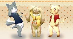  2011 ambiguous_gender anthro blush bottomless canid canine canis clothed clothing domestic_cat domestic_dog felid feline felis group lagomorph leporid looking_at_viewer male mammal okunawa rabbit standing tail trio 