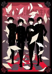  4boys aoyama_(szs) arm_at_side arm_behind_back black_border black_footwear black_hair black_jacket black_pants black_theme blurry blurry_background book border buttons closed_mouth commentary_request copyright_name curtained_hair emphasis_lines expressionless fingernails floating floating_object flying_paper frown full_body gakuran glasses gradient_background gradient_border grey_background grey_border grin haga_(szs) half-closed_eyes hand_in_pocket hand_on_own_arm hand_on_own_chest hand_on_own_hip hands_in_pocket hands_in_pockets high_collar highres holding holding_book inset_border jacket japanese_clothes kino_kuniya kudou_jun long_sleeves looking_afar looking_at_viewer looking_to_the_side male_focus multicolored_background multiple_boys okumura open_mouth ornate_border pants paper papers parted_hair rectangular_eyewear red-framed_eyewear red_background red_border red_eyes red_theme rounded_corners sayonara_zetsubou_sensei school_uniform see-through semi-rimless_eyewear shoes side-by-side smile spiked_hair teeth text_background too_many too_many_papers translation_request under-rim_eyewear uniform upper_teeth_only v-shaped_eyebrows walking 