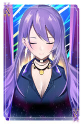  absurdres black_choker blue_jacket blush breasts card choker cleavage closed_eyes colored_inner_hair cosplay earrings english_commentary evelynn_(league_of_legends) evelynn_(league_of_legends)_(cosplay) female hair_behind_ear highres hololive hololive_indonesia jacket jewelry k/da_(league_of_legends) k/da_all_out_evelynn large_breasts league_of_legends moona_hoshinova multicolored_hair necklace playing_card portrait purple_hair rizu_pann solo starry_hair virtual_youtuber 