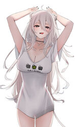  absurdres ahoge animal_ears arms_up black_choker black_eyes black_nails breasts choker cleavage commentary cowboy_shot ear_piercing fangs female grey_hair hair_between_eyes highres hololive large_breasts lion_ears lion_girl lion_tail long_hair looking_at_viewer nail_polish nerorigogo no_pants official_alternate_costume open_mouth piercing shirt shishiro_botan shishiro_botan_(casual) short_sleeves simple_background solo standing symbol-only_commentary t-shirt tail tongue tongue_out virtual_youtuber white_background white_shirt 