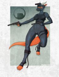  absurd_res anthro black_mesa breasts claws female glock_17 gun half-life handgun hi_res kobold logo orange_body pistol ranged_weapon scalie solo tail valve visitor_112 weapon 