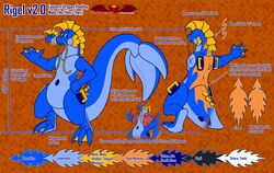  2022 air_valve animate_inanimate anthro barbel_(anatomy) big_tail blue_body blue_eyes cheek_frill darkoverord digital_media_(artwork) digitigrade dragon eastern_dragon english_text feet flesh_whiskers frill_(anatomy) grey_pupils handle handles_on_back handles_on_hips hi_res huge_tail inflatable living_inflatable male mane markings membrane_(anatomy) model_sheet mythological_creature mythological_scalie mythology orange_background orange_markings pupils rigel_(darkoverord) scalie simple_background solo spade_tail tail text textured_background toes webbed_feet webbed_hands yellow_frill 