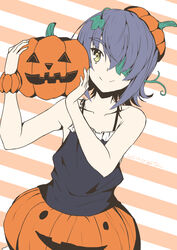  aged_down alternate_costume artist_name bare_shoulders black_shirt closed_mouth commentary_request cosplay dated diagonal_stripes eyepatch female food highres holding holding_food holding_pumpkin holding_vegetable kantai_collection libeccio_(kancolle) libeccio_(kancolle)_(cosplay) pumpkin purple_hair scrunchie shirt short_hair sleeveless smile solo striped striped_background taira_yuuki tenryuu_(kancolle) vegetable wrist_scrunchie yellow_eyes 