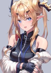  :d arknights arm_strap bare_shoulders black_gloves blonde_hair blue_eyes blush breasts elite_ii_(arknights) female fingerless_gloves fishnets gloves grey_background hair_ornament hairclip heart highres horns leizi_(arknights) long_hair long_sleeves looking_at_viewer medium_breasts off_shoulder official_alternate_hairstyle open_mouth satsuki_neko sidelocks simple_background smile solo twintails upper_body zipper_pull_tab 