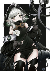  absurdres ahoge arknights black_footwear black_sleeves black_thighhighs black_tunic breasts covered_mouth cowboy_shot crocodilian_tail detached_sleeves female flower gloves goggles goggles_around_neck grey_gloves grey_hair highres holding holding_staff hood hood_up kongmo_metatron looking_at_viewer partially_fingerless_gloves short_hair small_breasts solo staff tail thighhighs thighs tomimi_(arknights) torn_clothes torn_thighhighs white_flower yellow_eyes 