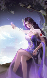  absurdres bare_legs breasts bug butterfly cleavage_cutout closed_mouth clothing_cutout earrings female flower glowing_butterfly hagoromo highres huahua_de_he_xiao_mu_ya jewelry large_breasts long_hair orb purple_eyes purple_hair second-party_source shawl solo tree two-tone_dress wanmei_shijie yun_xi_(wanmei_shijie) 