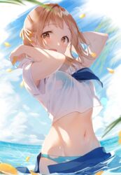  :d armpit_peek arms_up bikini bikini_under_clothes blue_bikini blue_skirt breasts brown_eyes brown_hair clothes_pull cloud crop_top crop_top_overhang day female groin hair_ribbon highres idolmaster idolmaster_shiny_colors kinako_(shiratama_mochi) large_breasts long_hair looking_at_viewer midriff navel neckerchief ocean open_clothes open_mouth open_skirt outdoors petals ribbon sailor_collar sakuragi_mano school_uniform see-through serafuku shirt short_sleeves skirt skirt_pull smile solo stomach swimsuit water white_shirt 