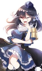  ;d ametama_(runarunaruta5656) black_coat black_hair blue_dress blue_hat bright_pupils coat commentary_request constellation constellation_print dress embellished_costume female gold hand_up hat highres iizunamaru_megumu looking_at_viewer medium_hair one_eye_closed red_eyes ribbon-trimmed_dress shoulder_guard simple_background smile solo space_print star_(sky) star_(symbol) starry_sky_print touhou v v_over_mouth white_background white_pupils 