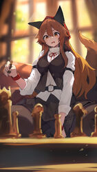  animal_ears belt black_belt black_pantyhose black_skirt black_vest blurry blurry_background blurry_foreground board_game breasts brown_eyes brown_hair chess chess_piece commentary_request commission depth_of_field eyebrows_hidden_by_hair fake_animal_ears female hair_between_eyes highres holding indoors lansane long_hair long_sleeves medium_breasts neck_ribbon o-ring original pantyhose parted_lips red_ribbon ribbon shirt sitting skeb_commission skirt solo sweat tail tail_raised tsana_(lansane) very_long_hair vest wavy_mouth white_shirt wolf_tail 