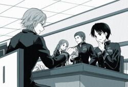  3boys border_operator_uniform_(world_trigger) breast_pocket chess_piece collared_shirt female gloves half_updo hand_on_own_chin hand_up holding indoors jacket kashio_yutaka kittaka_haya kurauchi_kazuki kuro_n314 long_hair long_sleeves looking_at_another looking_away looking_down looking_to_the_side monochrome multiple_boys necktie open_mouth ouji_kazuaki ouji_squad&#039;s_uniform parted_bangs playing_games pocket shirt short_hair smile stroking_own_chin sweatdrop table thinking uniform wall world_trigger 