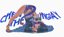  absurdres arknights ass bare_legs baseball_cap bikini bikini_bottom_only black_jacket blue_bikini blue_hair breasts ch&#039;en_(arknights) ch&#039;en_the_holungday_(arknights) character_name chinese_commentary chromatic_aberration cleavage crossed_arms dragon_girl dragon_horns dragon_tail expressionless eyewear_on_headwear female full_body grey_background hair_between_eyes hat highres horns jack-o&#039;_challenge jacket long_hair long_sleeves looking_at_viewer medium_breasts oerba_yun_fang official_alternate_costume open_mouth red_eyes reflection reflective_floor rui_(gsr1982) sandals simple_background skin_fang solo spread_legs sunglasses swimsuit tail thighs toes top-down_bottom-up white_hat 