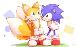  2020 anthro blue_eyes blush canid canine clothing duo eulipotyphlan eye_contact footwear fox fur gesture gloves green_eyes hand_gesture handwear hedgehog hi_res looking_at_another male mammal open_mouth popkage sega signature smile sonic_the_hedgehog sonic_the_hedgehog_(series) tails teeth thumbs_up 