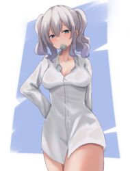  alternate_costume blue_background breasts cleavage commentary_request condom condom_in_mouth cowboy_shot female green_eyes grey_hair hair_between_eyes hand_on_own_hip highres kantai_collection kashima_(kancolle) lanthan long_sleeves medium_breasts medium_hair mouth_hold naked_shirt shirt solo twintails white_background 