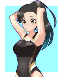  alternate_hairstyle arms_up bad_id bad_pixiv_id black_eyes black_one-piece_swimsuit blue_background border breasts brown_eyes brown_hair brushing_hair brushing_own_hair collarbone competition_swimsuit covered_navel eyebrows female girls_und_panzer highres medium_breasts nishi_kinuyo one-piece_swimsuit ponytail solo straight_hair swimsuit tanutika upper_body white_border 