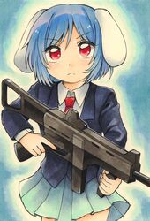  animal_ears blazer blue_hair blue_jacket blue_skirt closed_jacket closed_mouth collared_shirt commentary female floppy_ears gun h&amp;k_ump heckler_&amp;_koch highres jacket long_sleeves maa_(forsythia1729) marker_(medium) necktie pleated_skirt rabbit_ears rabbit_girl red_eyes red_necktie reisen_(touhou_bougetsushou) serious shirt short_hair skirt solo submachine_gun touhou traditional_media v-shaped_eyebrows weapon white_shirt 