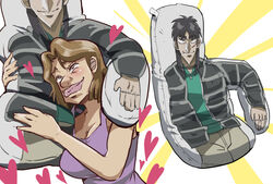  bad_id bad_pixiv_id big_nose blush brown_hair character_doll character_pillow dakimakura_(object) female fukumoto_nobuyuki_(style) gonk_(user_fdfd8782) heart hugging_object itou_kaiji kaiji pillow pillow_hug pink_lips purple_shirt sakazaki_mikoko shirt simple_background solo thick_eyebrows white_background 