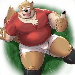  1:1 2023 anthro belly big_belly black_nose blush bottomwear brown_body canid canine canis clothing domestic_dog hi_res humanoid_hands kemono male mammal mohumohudansi overweight overweight_male shirt shorts sitting solo topwear 