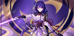  absurdres blunt_bangs braid breasts bridal_gauntlets chinese_commentary cleavage commentary female genshin_impact highres holding holding_sword holding_weapon japanese_clothes kimono long_hair long_sleeves medium_breasts mole mole_under_eye musou_isshin_(genshin_impact) obi purple_eyes purple_hair purple_kimono raiden_shogun red_sash sash sheya solo sword upper_body very_long_hair weapon wide_sleeves 