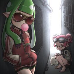  2girls :3 against_wall alley barefoot black_shirt black_shorts blowing_bubbles chewing_gum feline fingernails goggles goggles_on_head grey_hair hands_in_pockets inkling inkling_girl inkling_player_character jacket li&#039;l_judd_(splatoon) long_hair long_sleeves looking_at_viewer luebi multiple_girls pink_hair pointy_ears red_eyes red_jacket shirt short_shorts short_twintails shorts splatoon_(series) splatoon_2 squatting sunglasses tentacle_hair twintails white_shirt 