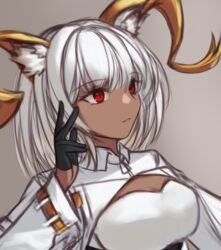  absurdres animal_ears arknights bad_id bad_pixiv_id black_gloves breasts brown_background carnelian_(arknights) cleavage dark-skinned_female dark_skin female gloves goat_ears goat_horns gradient_background highres horns kiwicci large_breasts long_sleeves looking_afar looking_away parted_lips red_eyes short_hair shrug_(clothing) solo underbust upper_body white_hair 