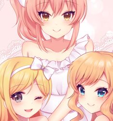  3girls bad_id bad_twitter_id bare_shoulders blonde_hair blue_eyes blush bow breasts brown_eyes closed_mouth collarbone commentary_request dress frills fujimoto_rina hair_ribbon hairband hairbow highres idolmaster idolmaster_cinderella_girls jougasaki_mika komari_mhy long_hair looking_at_viewer multiple_girls ohtsuki_yui one_eye_closed open_mouth orange_hair pink_hair ribbon sexy_gals_(idolmaster) smile striped white_bow white_dress white_hairband yellow_eyes 